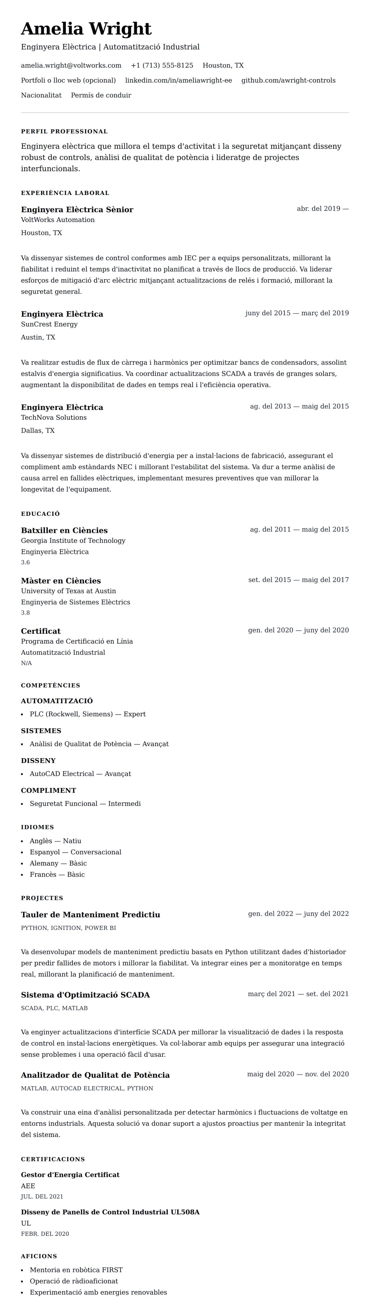 Previsualització del currículum per a Exemple de Currículum d'Enginyer Elèctric