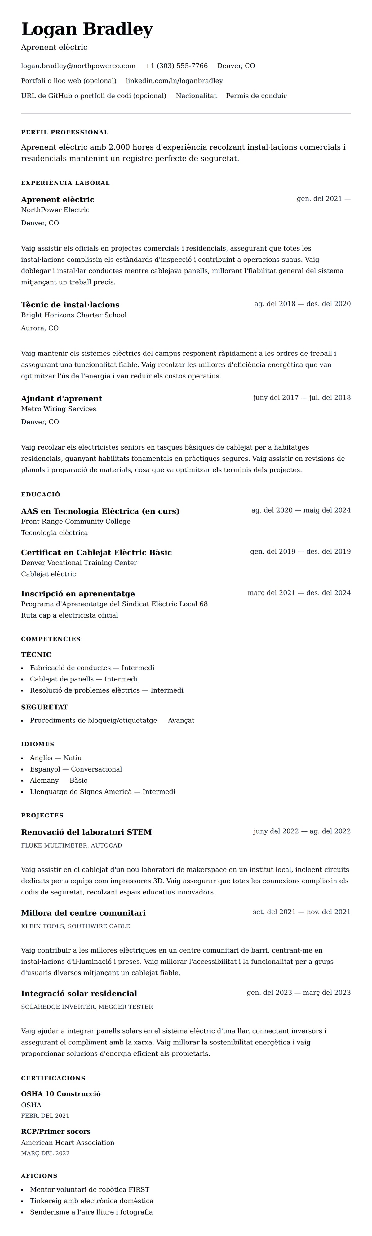 Previsualització del currículum per a Exemple de currículum d'aprenent d'electricista
