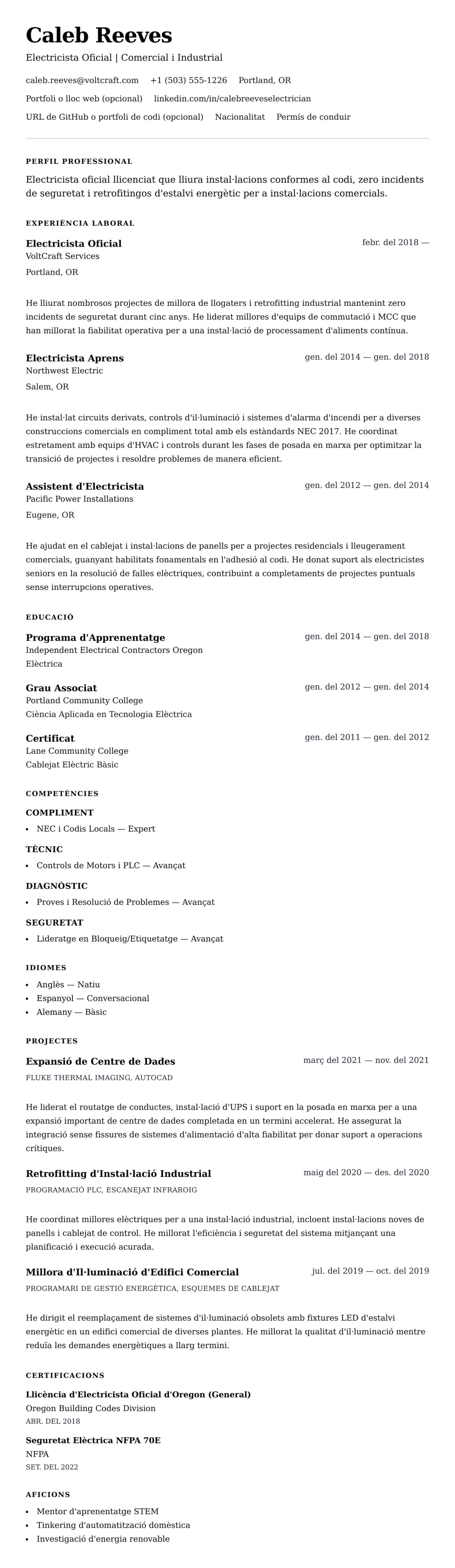Previsualització del currículum per a Exemple de Currículum d'Electricista