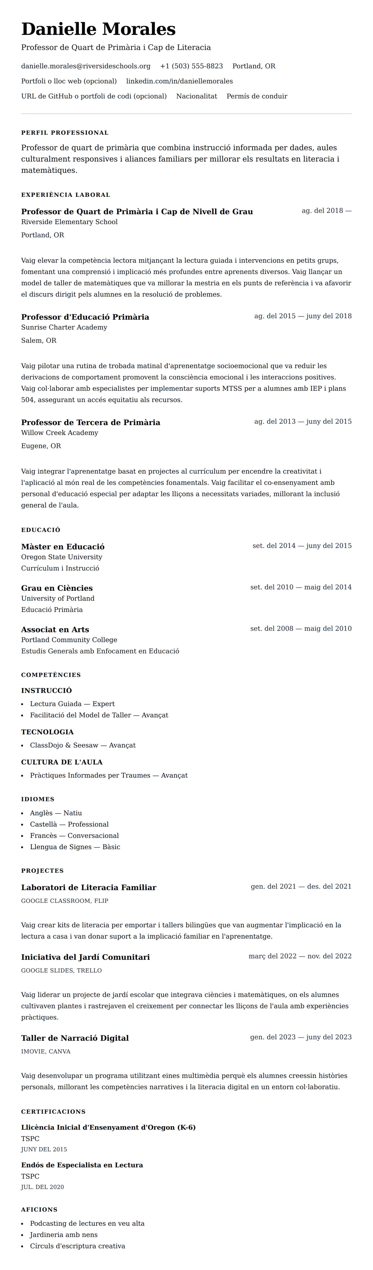 Previsualització del currículum per a Exemple de Currículum de Professor d'Educació Primària