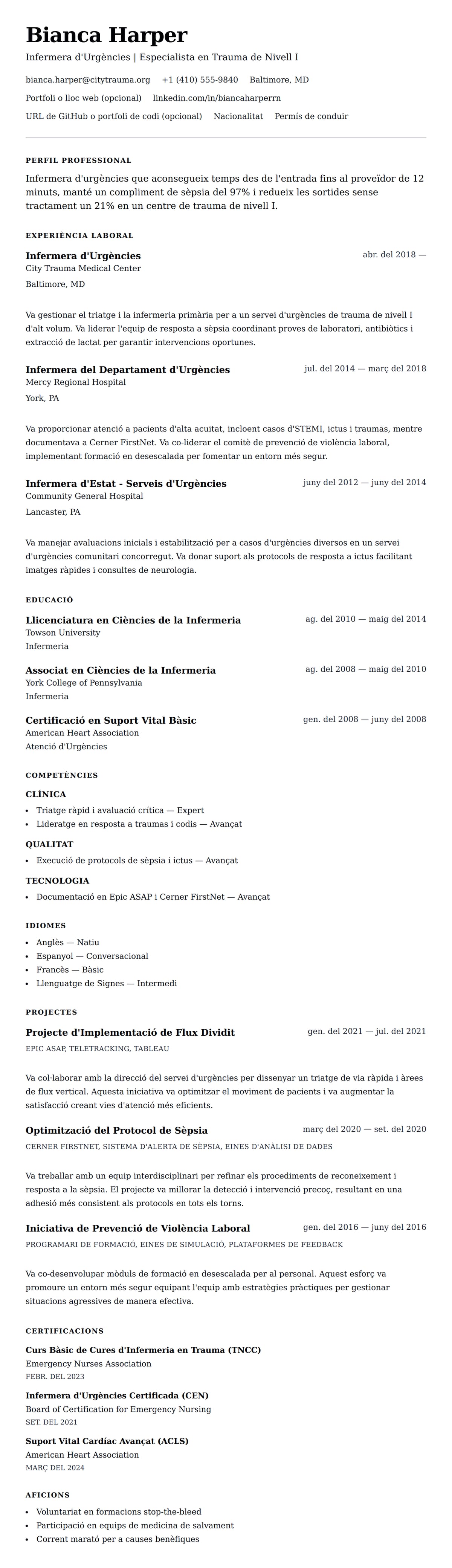 Previsualització del currículum per a Exemple de Currículum d'Infermera d'Urgències (ER)