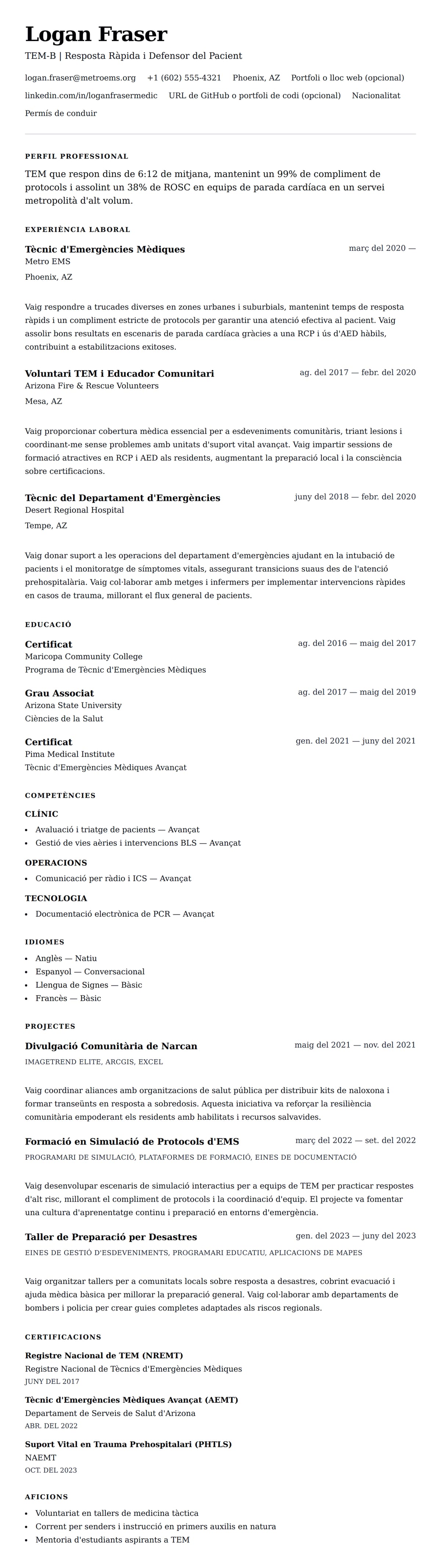 Previsualització del currículum per a Exemple de Currículum de Tècnic d'Emergències Mèdiques (TEM)