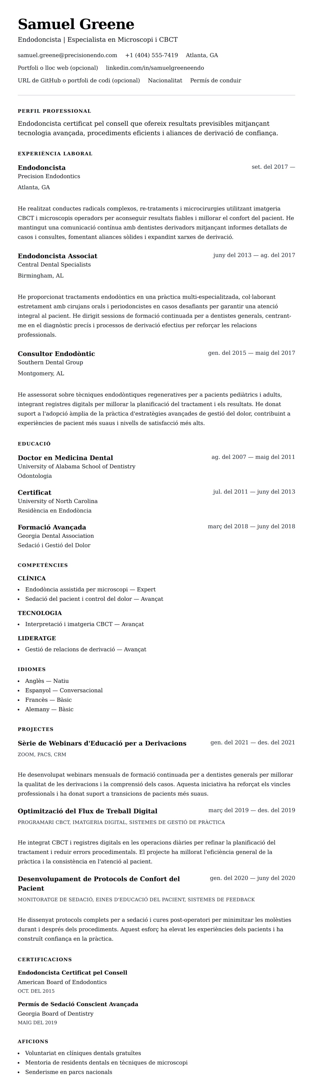 Previsualització del currículum per a Exemple de Currículum d'Endodoncista