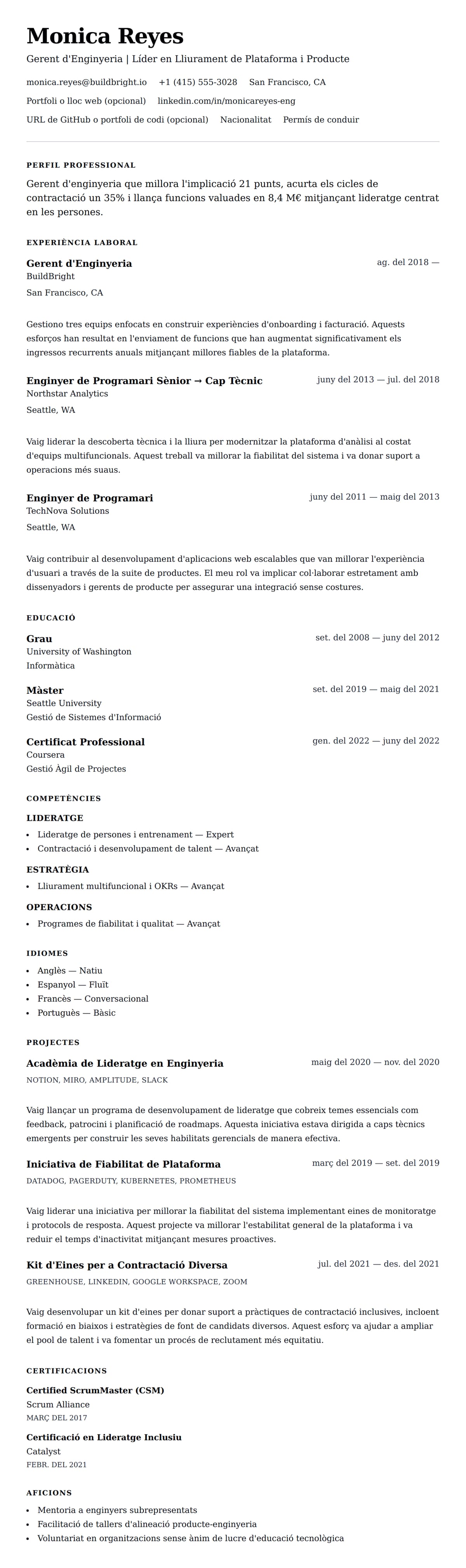 Previsualització del currículum per a Exemple de Currículum de Gerent d'Enginyeria