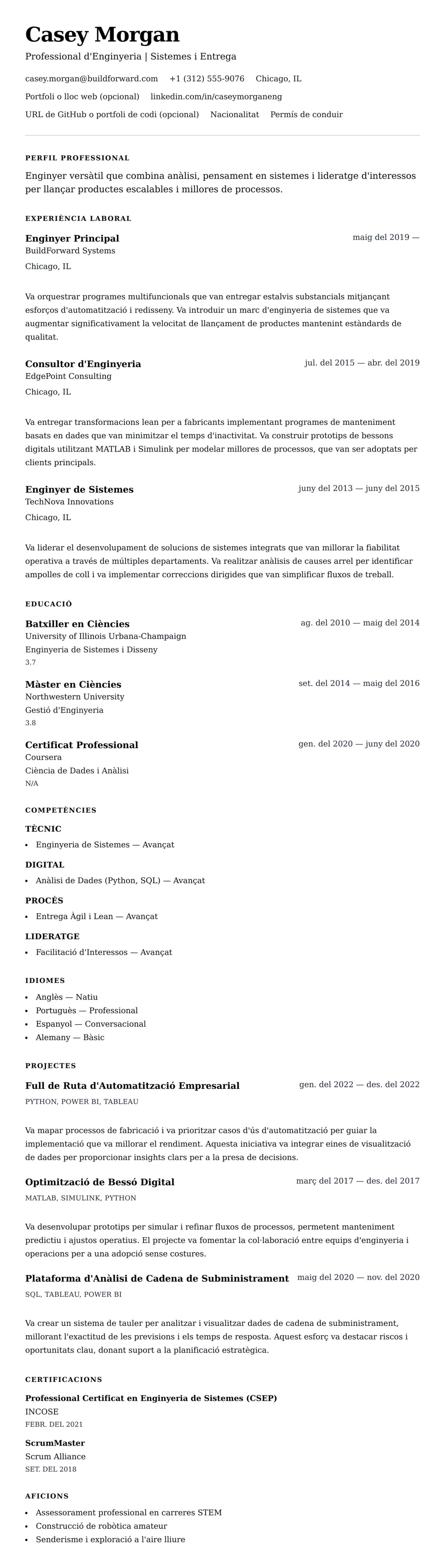 Previsualització del currículum per a Exemple de Currículum d'Enginyeria