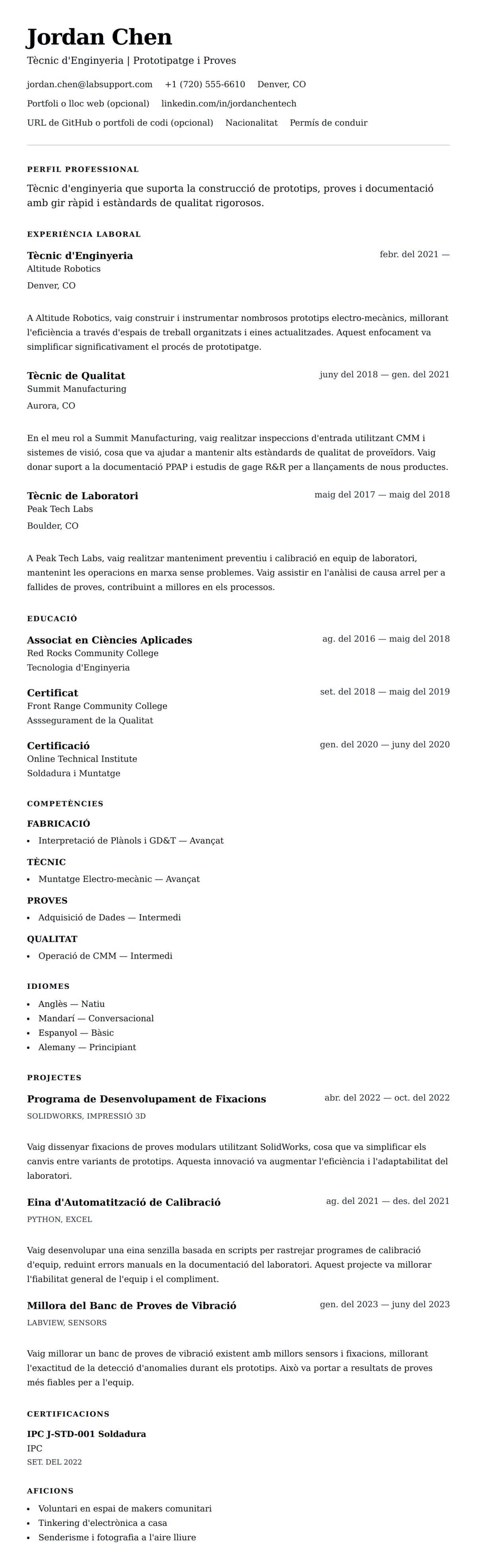 Previsualització del currículum per a Exemple de Currículum de Tècnic