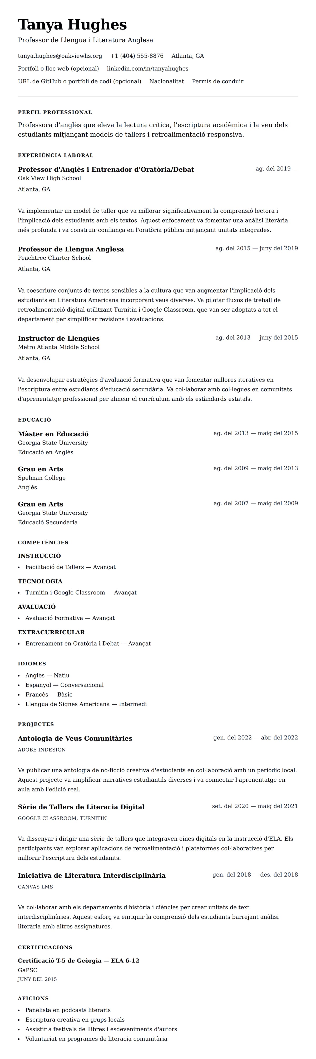 Previsualització del currículum per a Exemple de Currículum de Professor d'Anglès