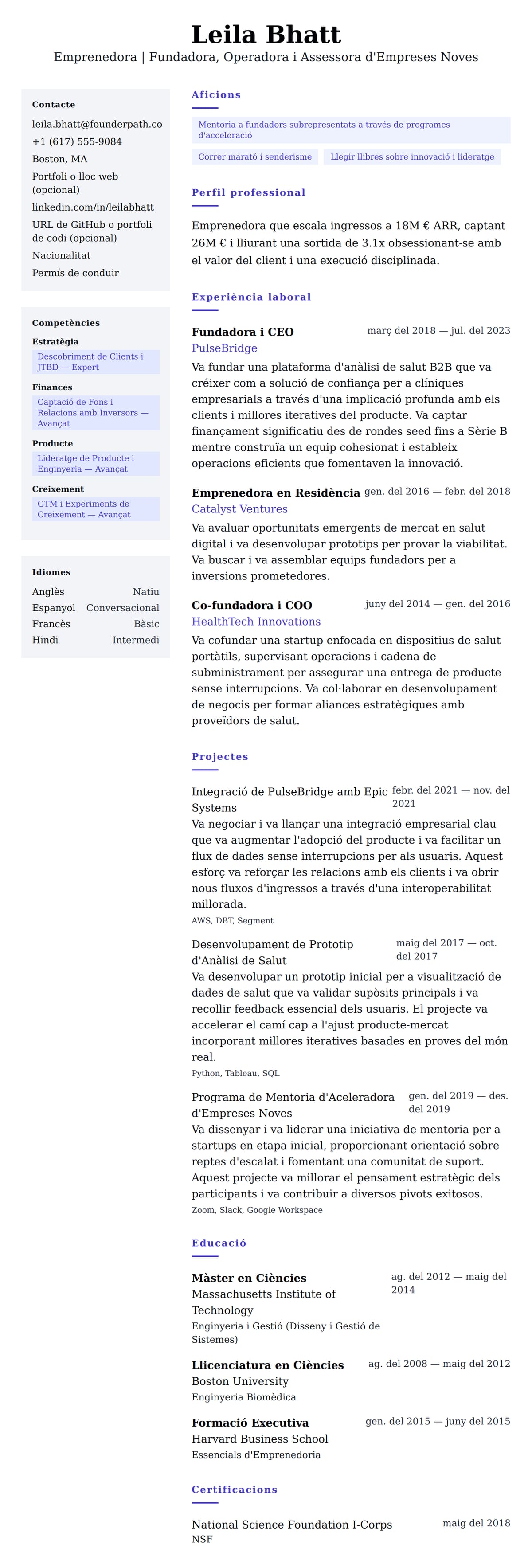 Previsualització del currículum per a Exemple de Currículum d'Emprenedor
