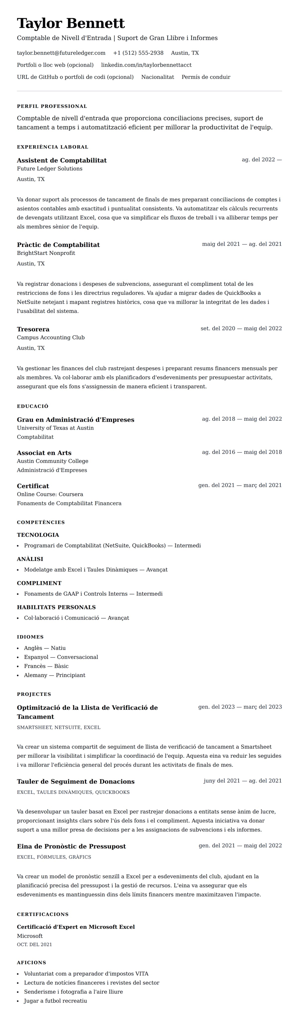 Previsualització del currículum per a Exemple de Currículum de Comptable de Nivell d'Entrada