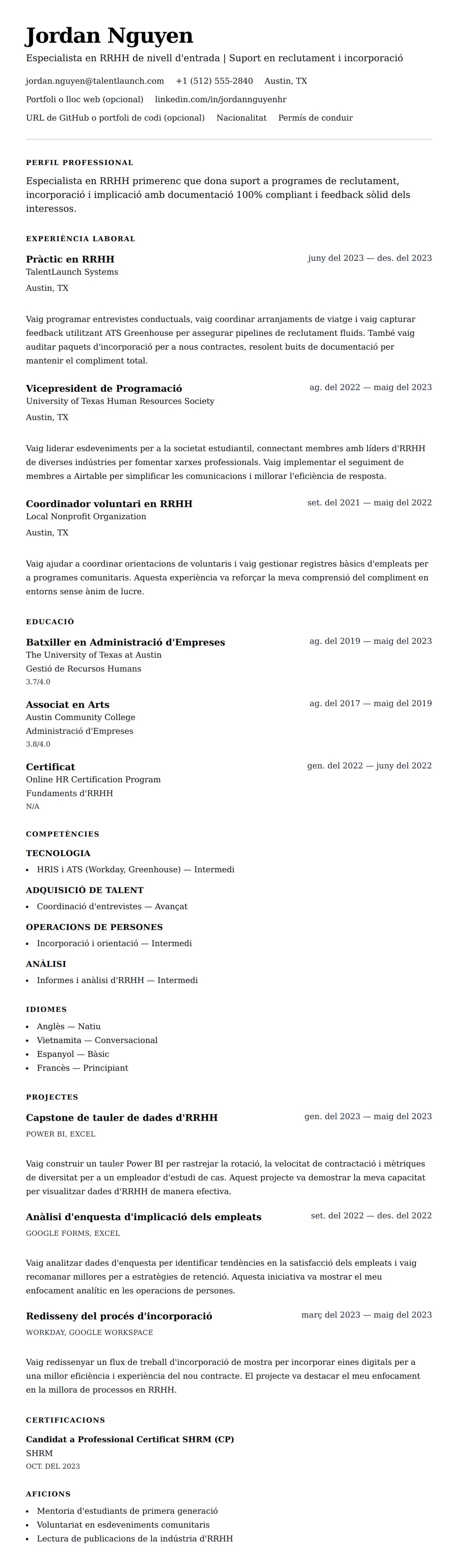 Previsualització del currículum per a Exemple de currículum d'Especialista en RRHH de nivell d'entrada