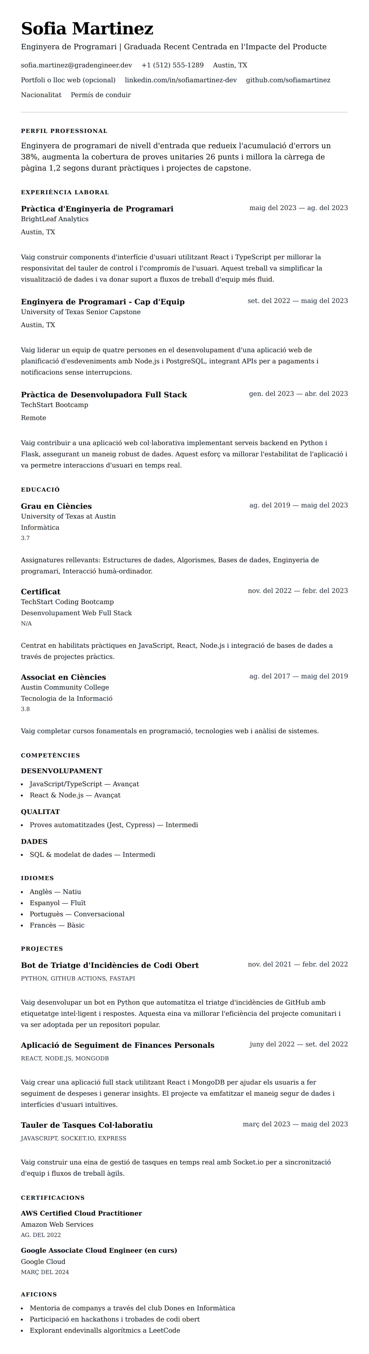 Previsualització del currículum per a Exemple de Currículum d'Enginyera de Programari de Nivell d'Entrada