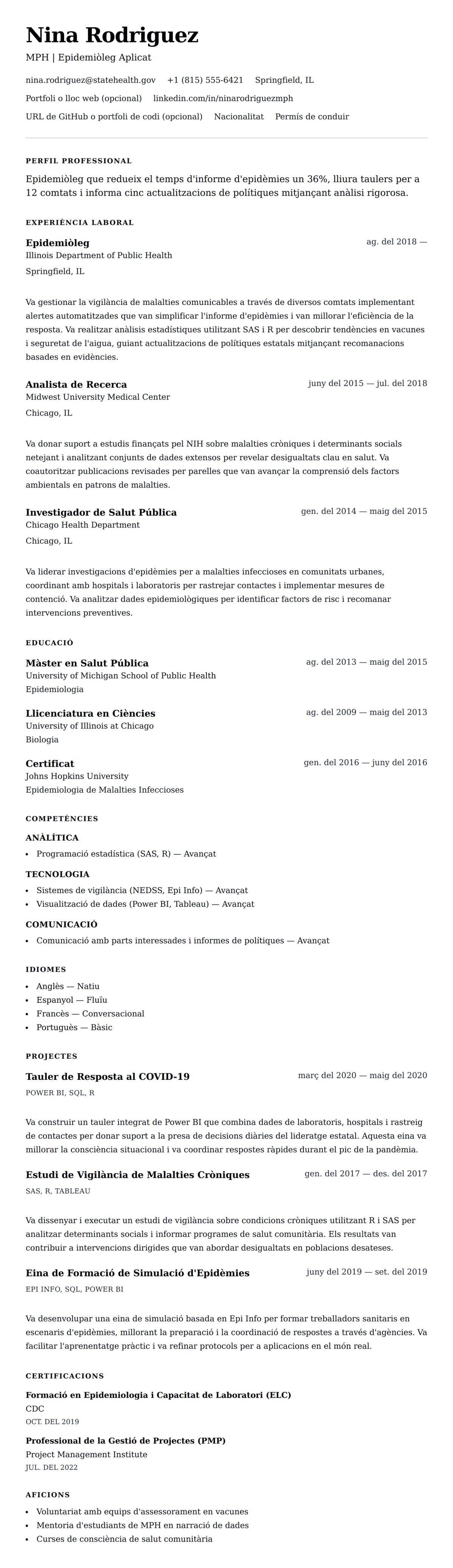 Previsualització del currículum per a Exemple de Currículum d'Epidemiòleg