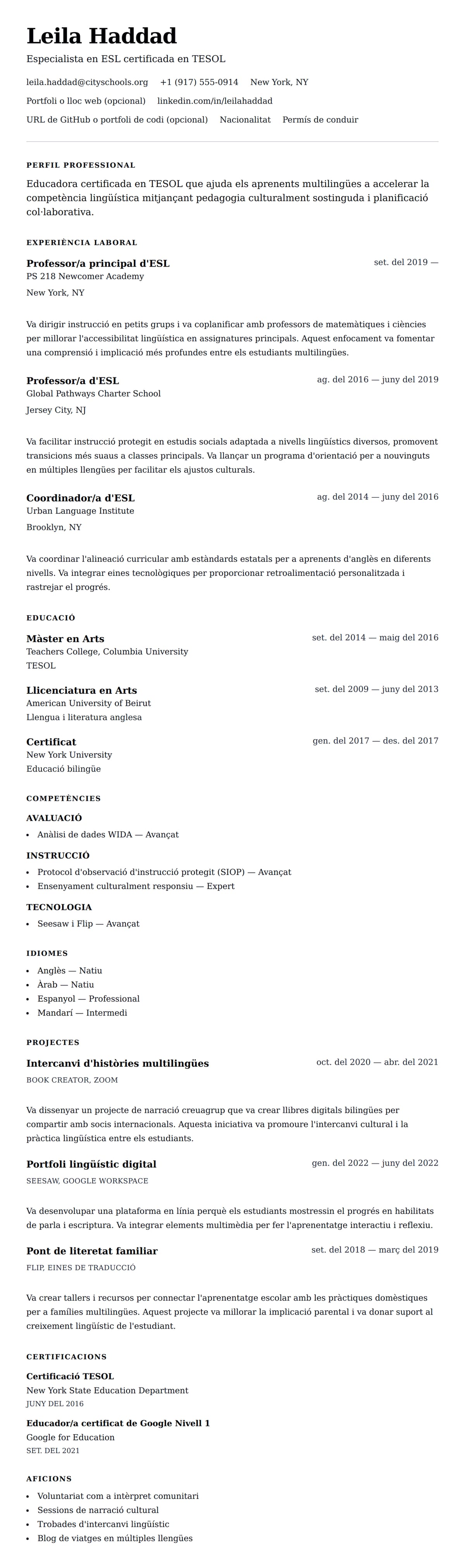 Previsualització del currículum per a Exemple de currículum de professor/a d'ESL