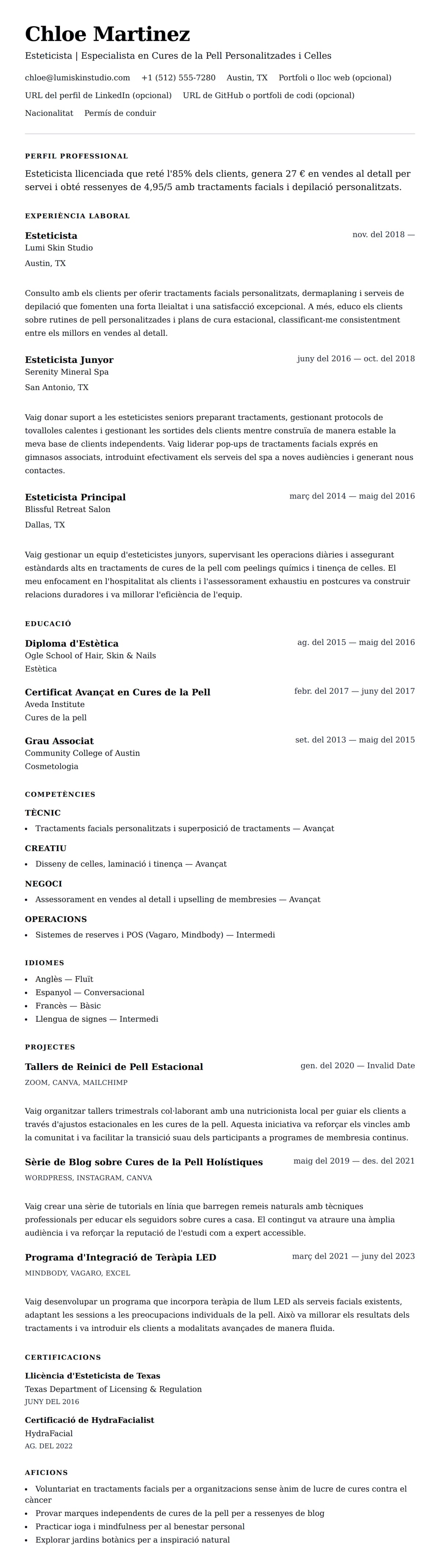 Previsualització del currículum per a Exemple de Currículum d'Esteticista