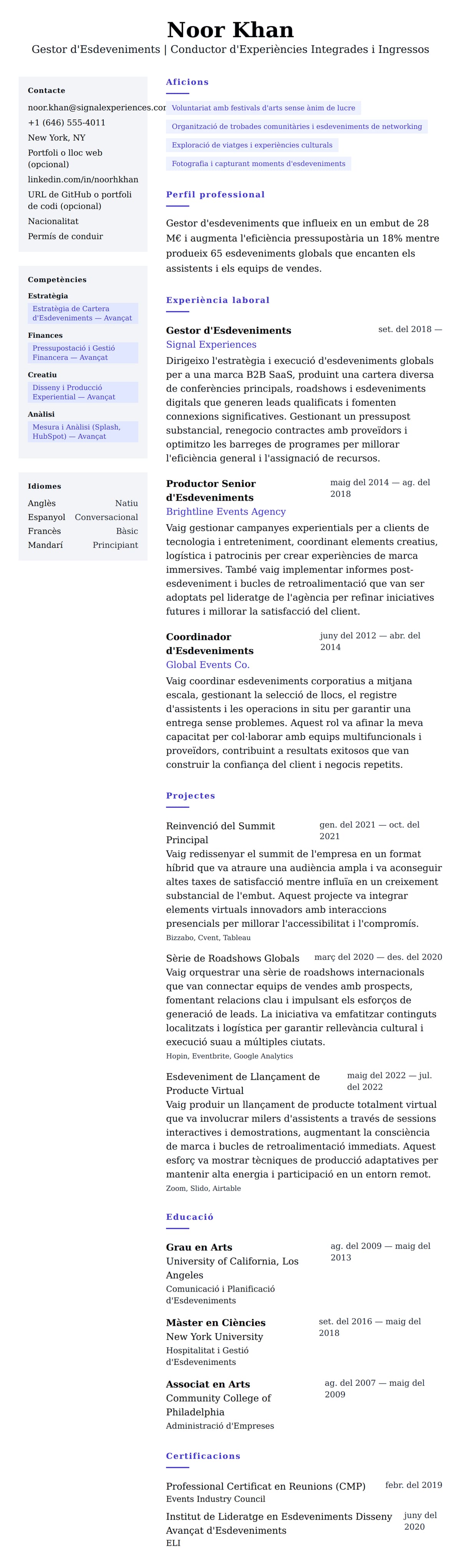 Previsualització del currículum per a Exemple de Currículum de Gestor d'Esdeveniments