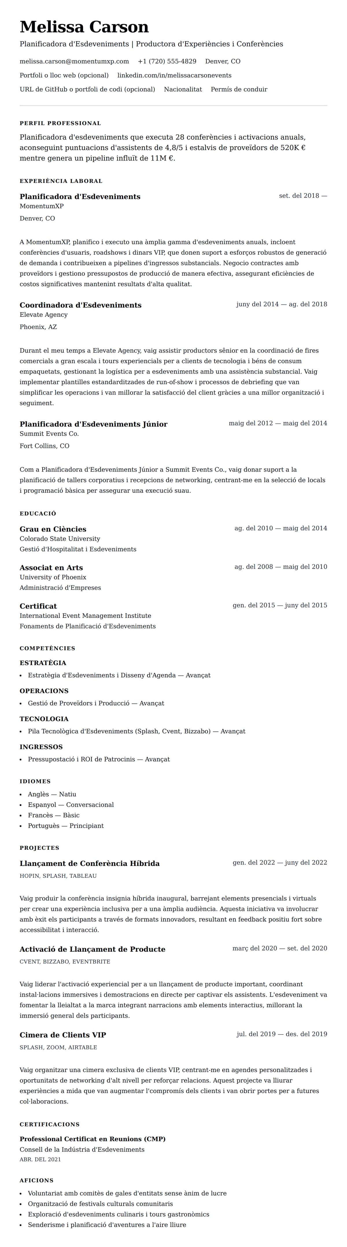 Previsualització del currículum per a Exemple de Currículum de Planificadora d'Esdeveniments