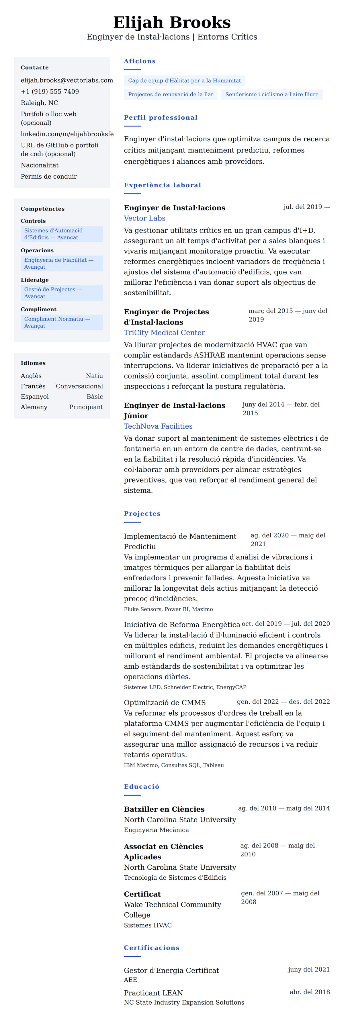 Previsualització del currículum per a Exemple de Currículum d'Enginyer de Instal·lacions