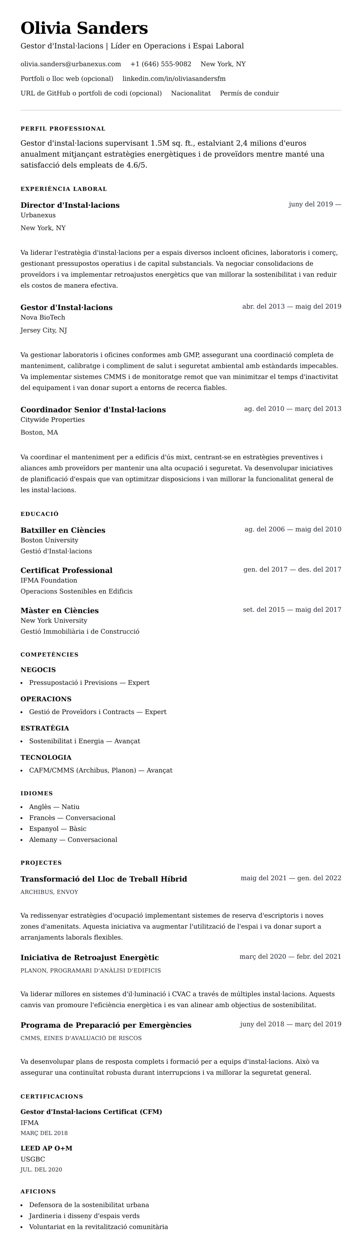 Previsualització del currículum per a Exemple de Currículum de Gestor d'Instal·lacions