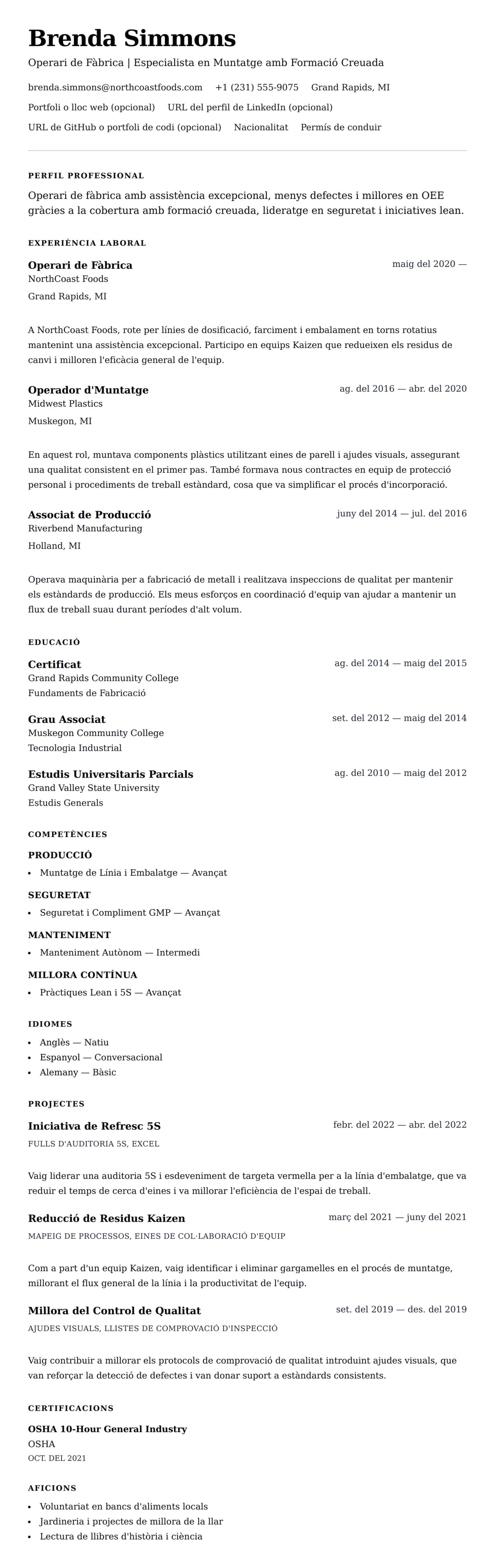 Previsualització del currículum per a Exemple de Currículum d'Operari de Fàbrica