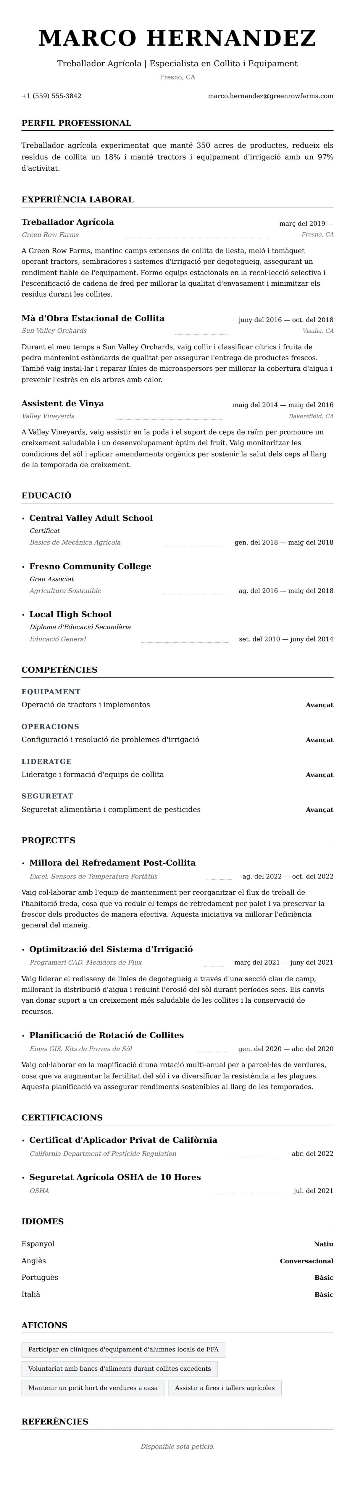 Previsualització del currículum per a Exemple de Currículum de Treballador Agrícola