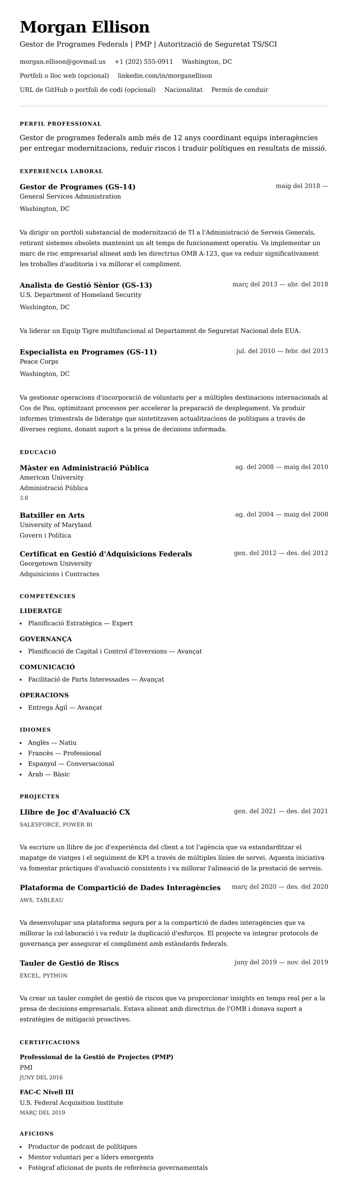 Previsualització del currículum per a Exemple de Currículum de Funcionari Federal