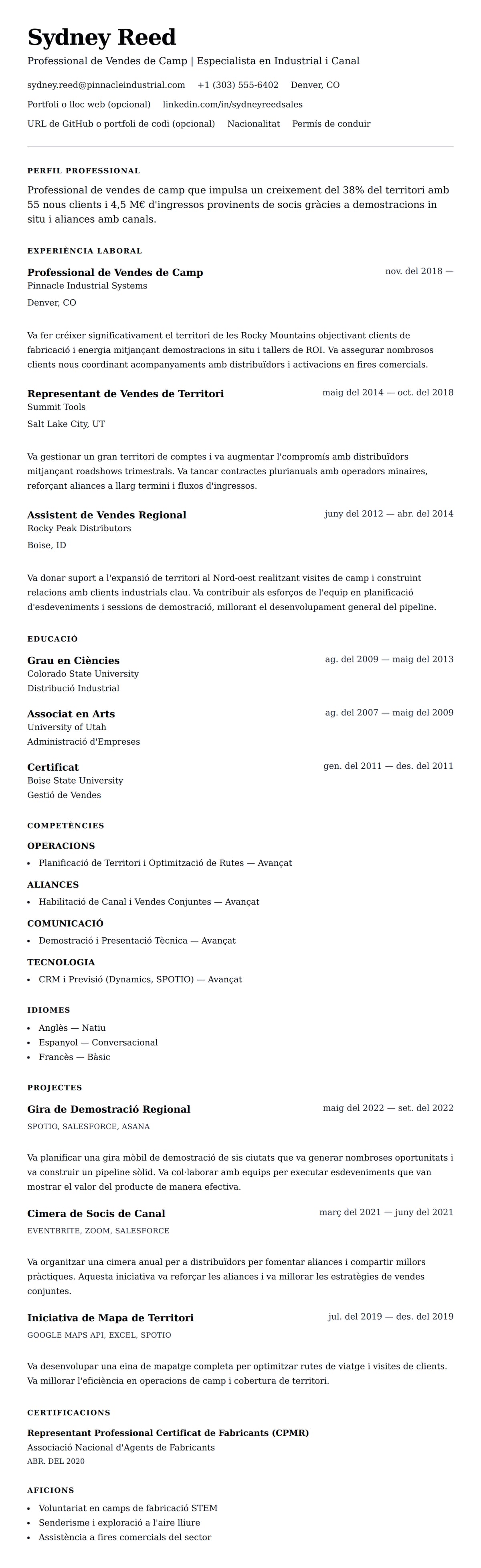 Previsualització del currículum per a Exemple de Currículum de Professional de Vendes de Camp