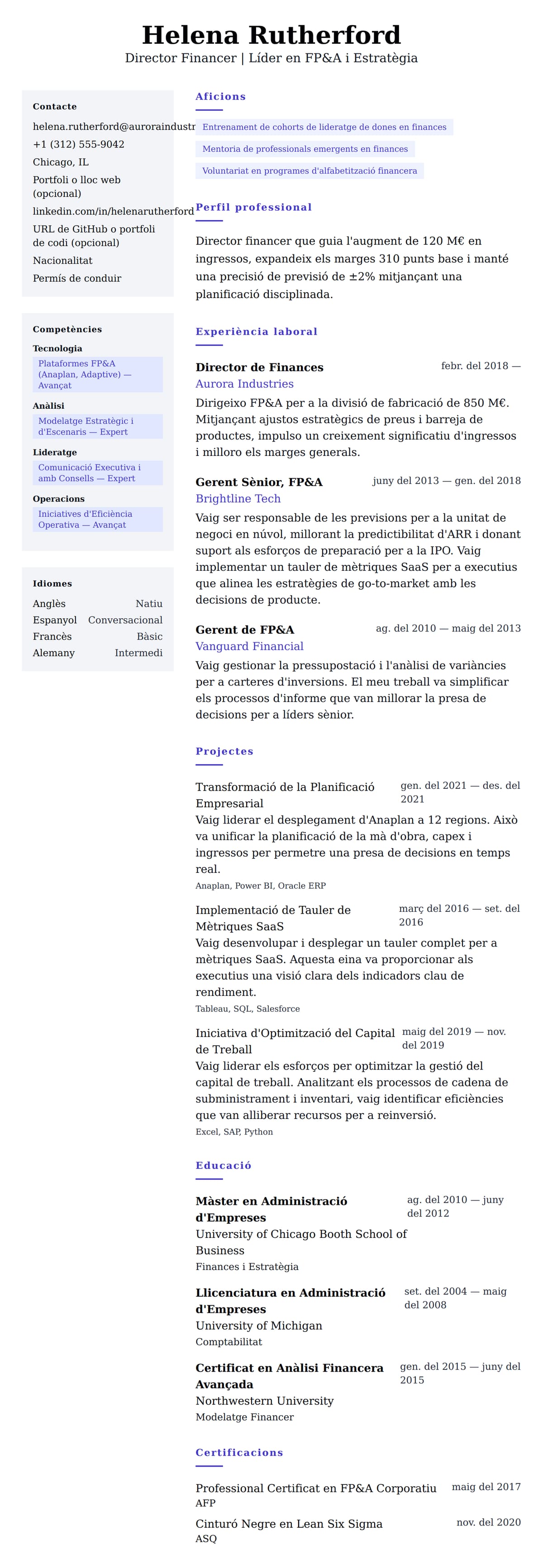 Previsualització del currículum per a Exemple de Currículum de Director Financer