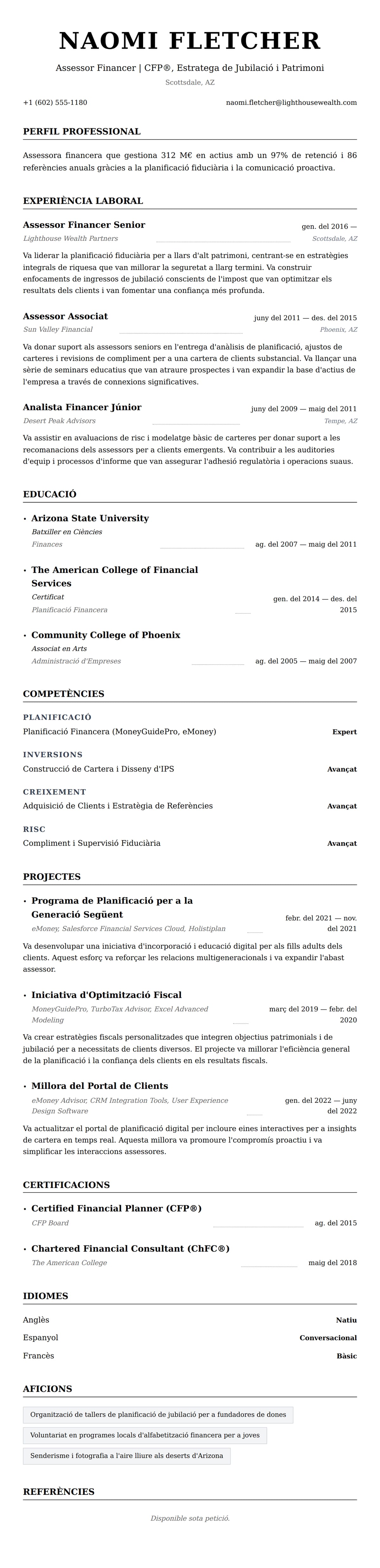 Previsualització del currículum per a Exemple de Currículum d'Assessor Financer