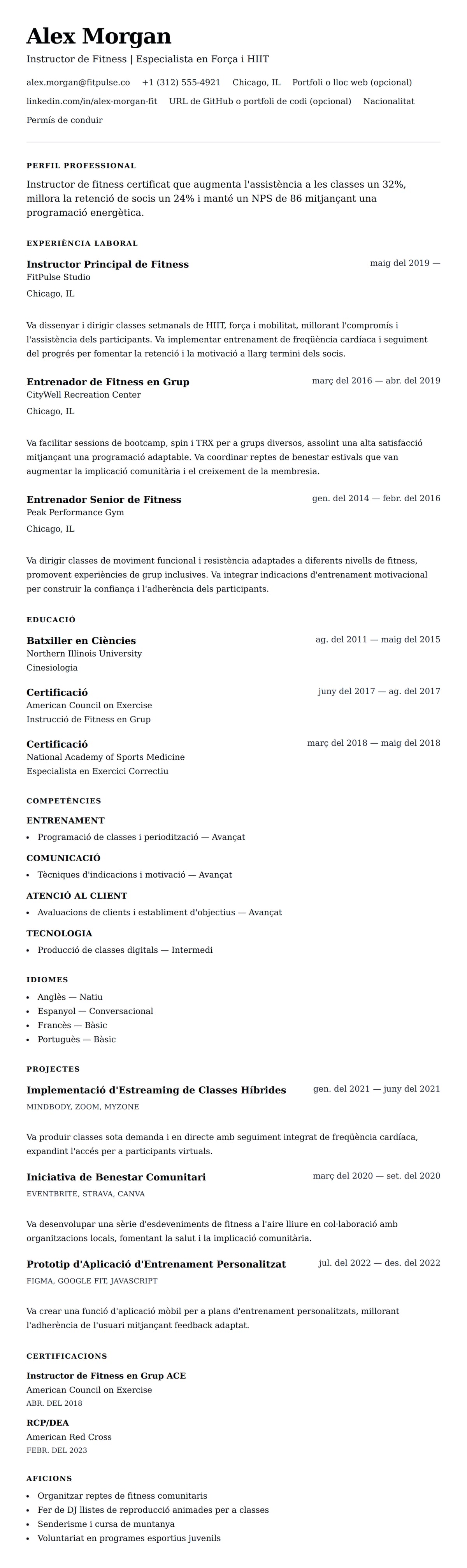 Previsualització del currículum per a Exemple de Currículum d'Instructor de Fitness