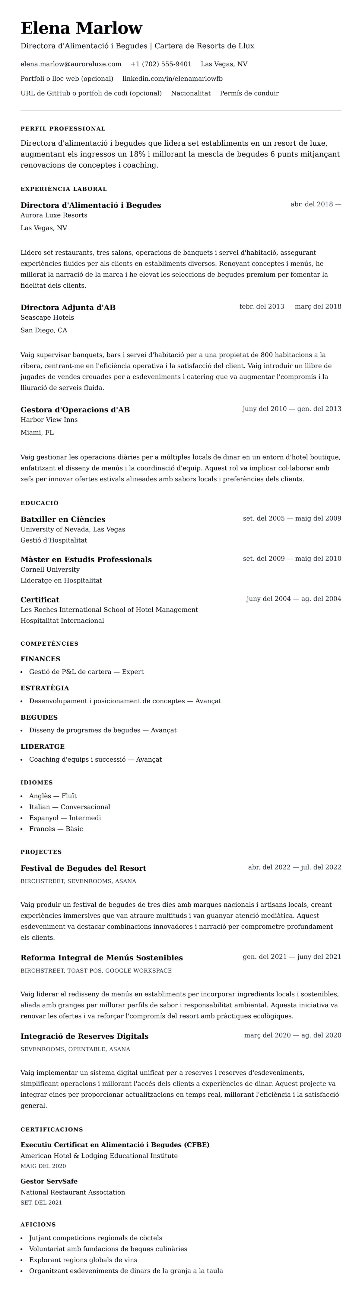 Previsualització del currículum per a Exemple de Currículum de Director d'Alimentació i Begudes