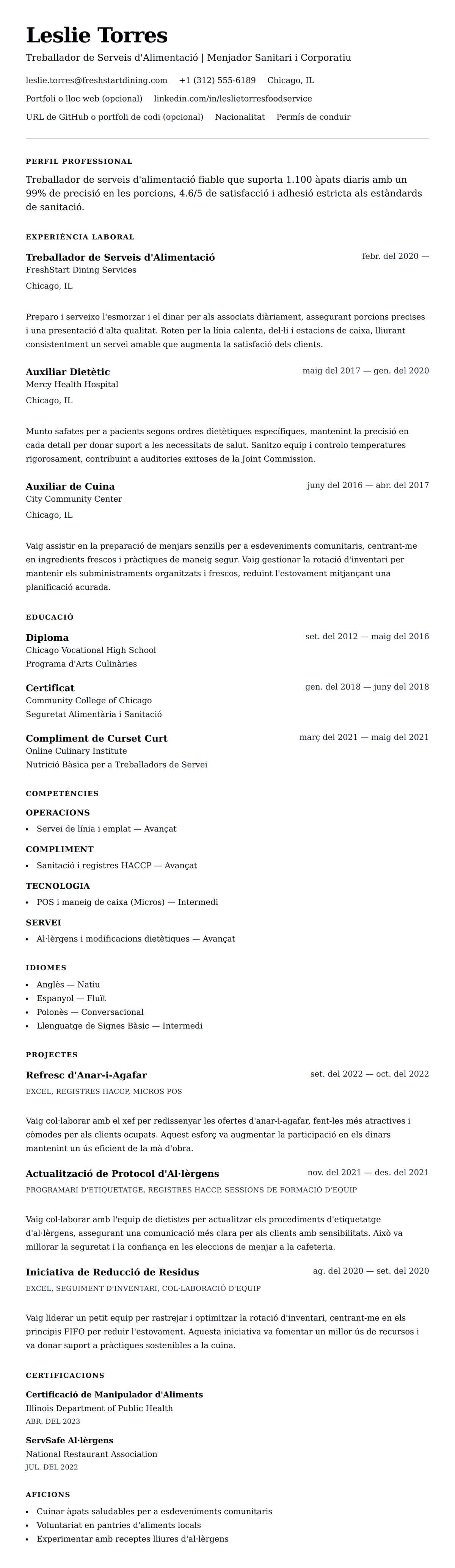 Previsualització del currículum per a Exemple de Currículum de Treballador de Serveis d'Alimentació