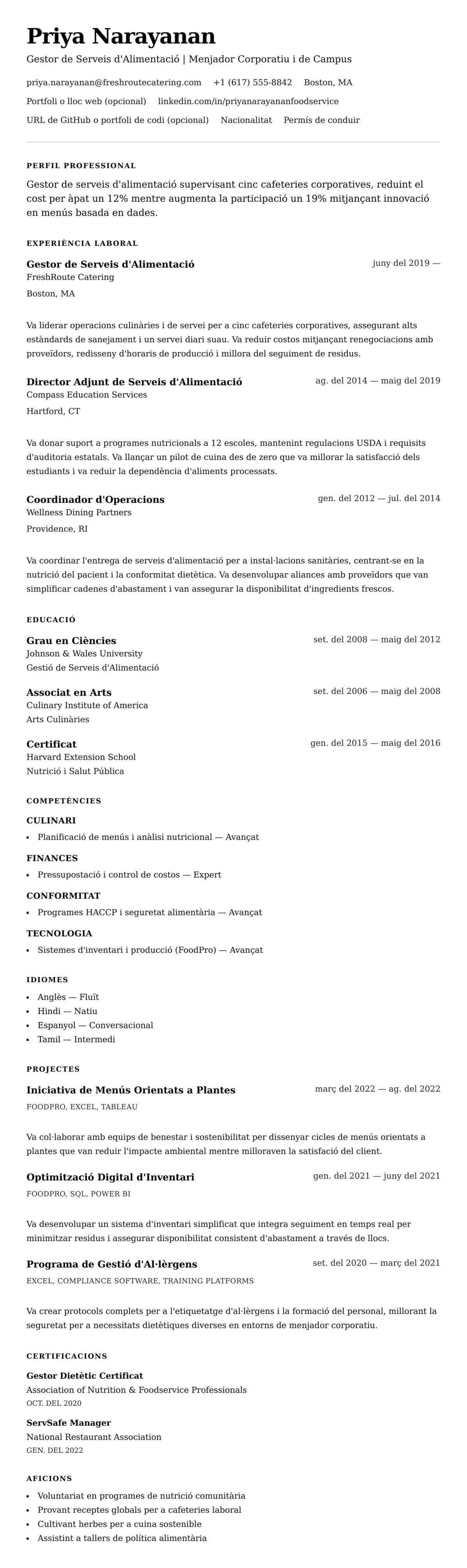 Previsualització del currículum per a Exemple de Currículum de Gestor de Serveis d'Alimentació