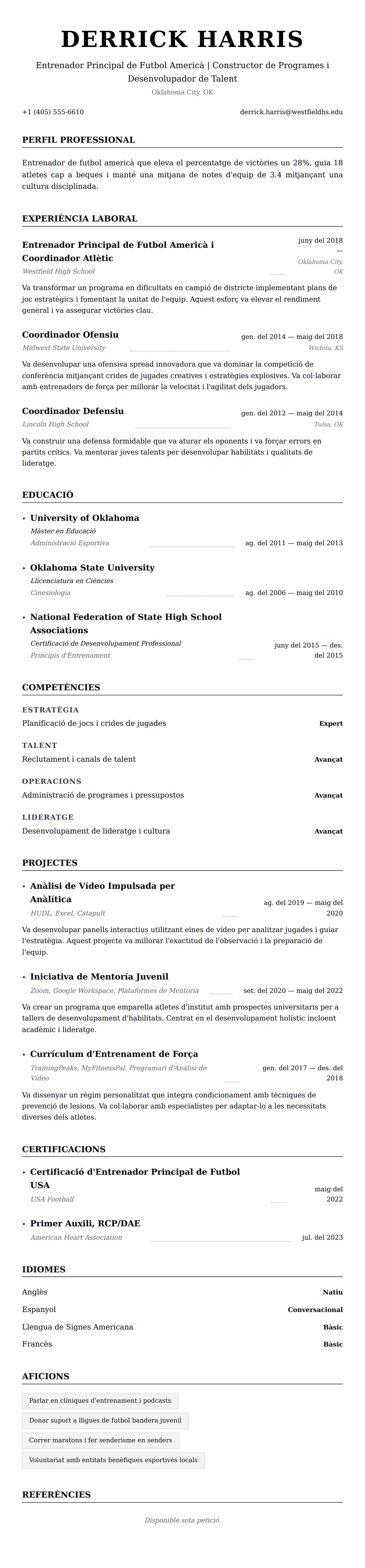 Previsualització del currículum per a Exemple de Currículum d'Entrenador de Futbol Americà