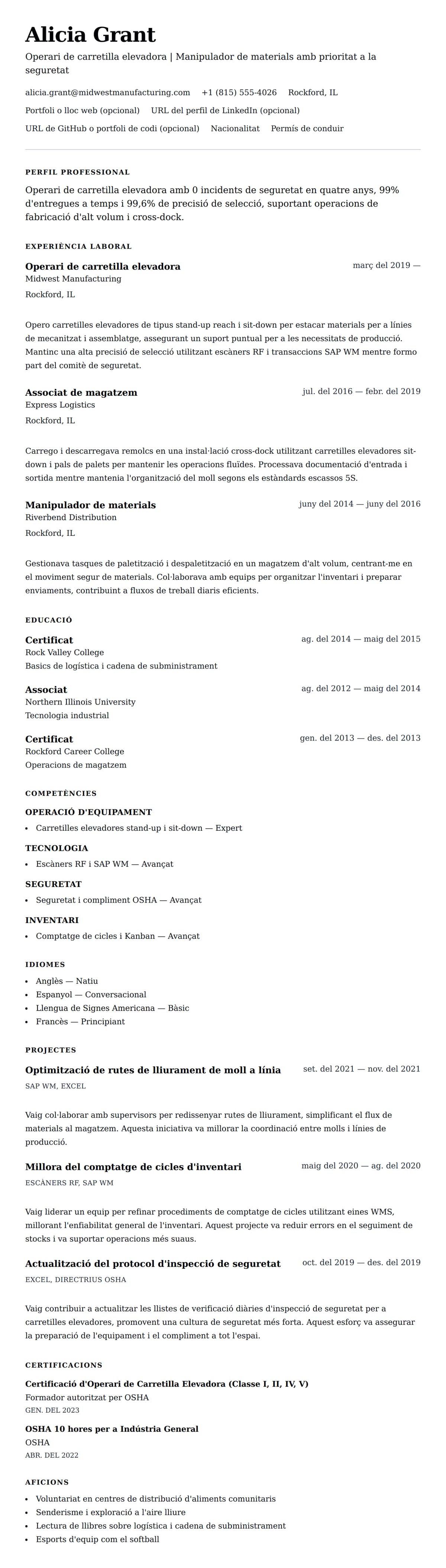 Previsualització del currículum per a Exemple de currículum d'Operari de carretilla elevadora