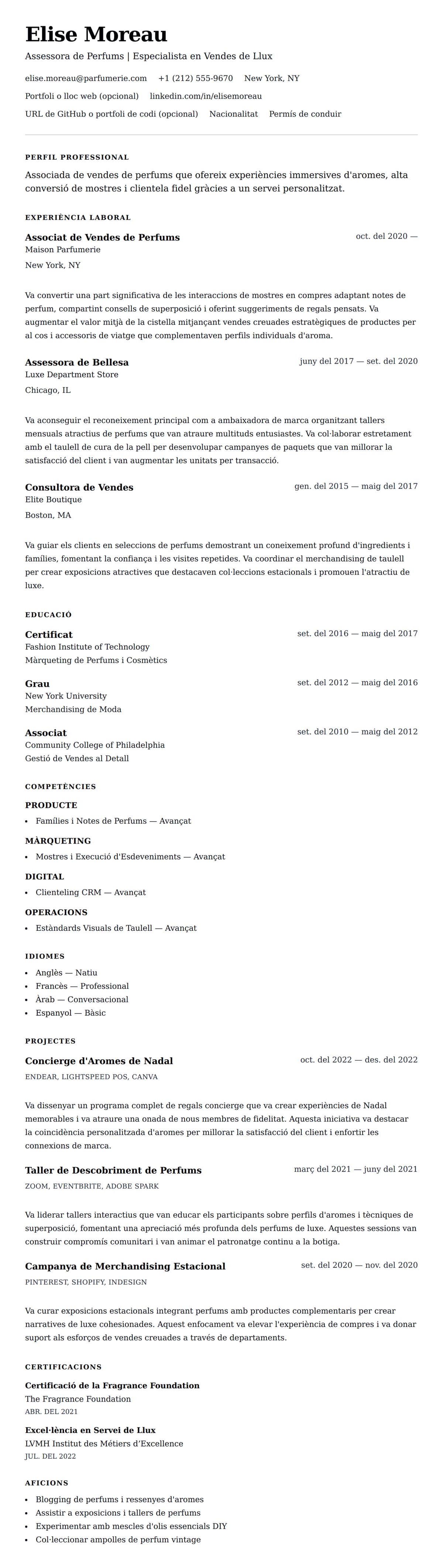 Previsualització del currículum per a Exemple de Currículum d'Associat de Vendes de Perfums