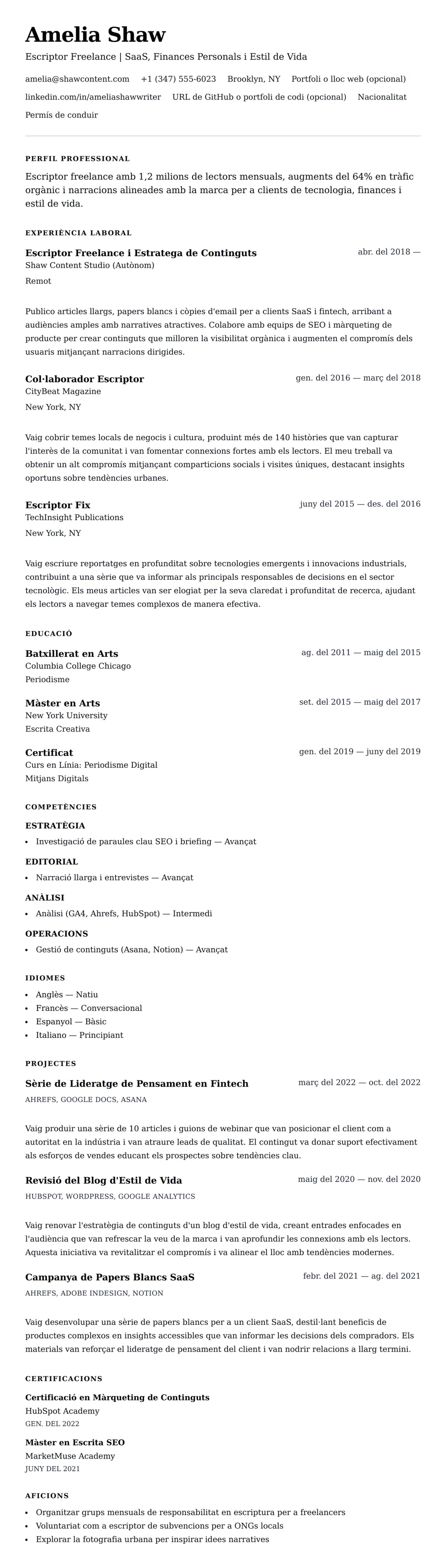 Previsualització del currículum per a Exemple de Currículum d'Escriptor Freelance