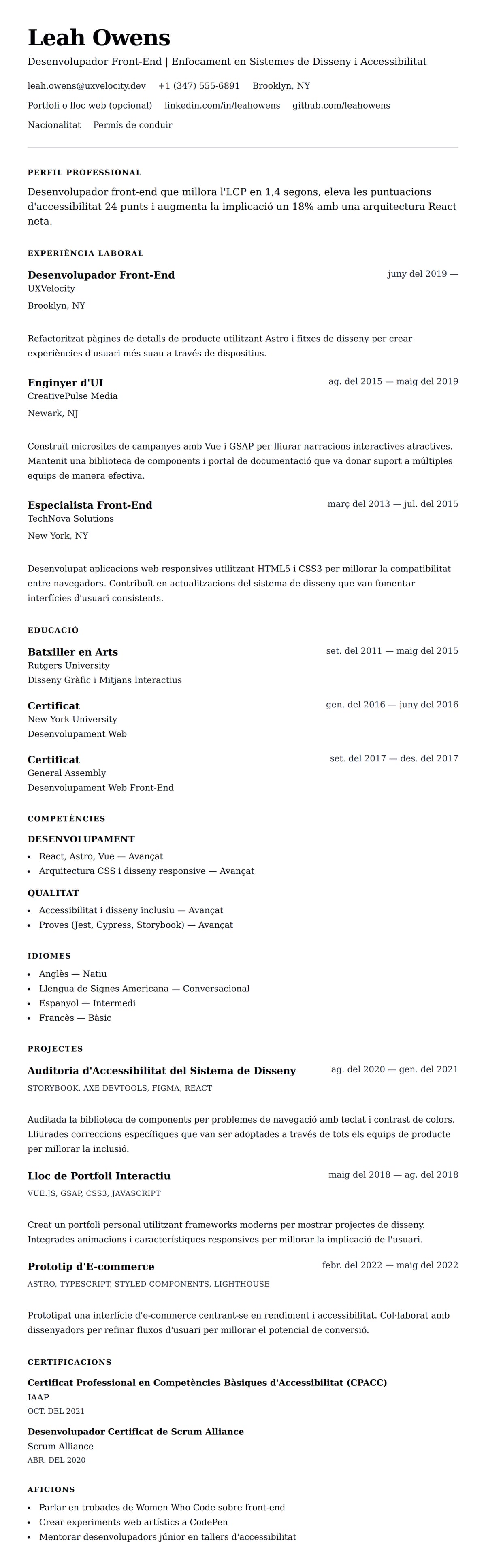 Previsualització del currículum per a Exemple de Currículum de Desenvolupador Front-End
