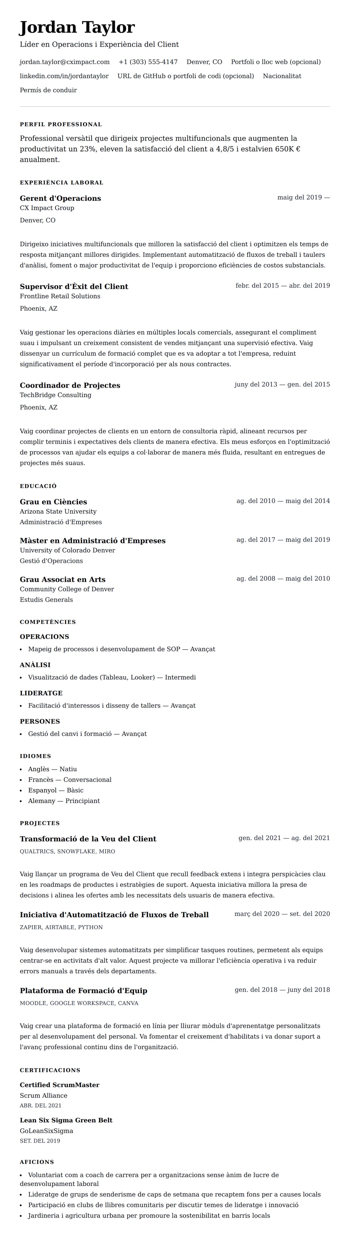 Previsualització del currículum per a Exemple de Currículum General