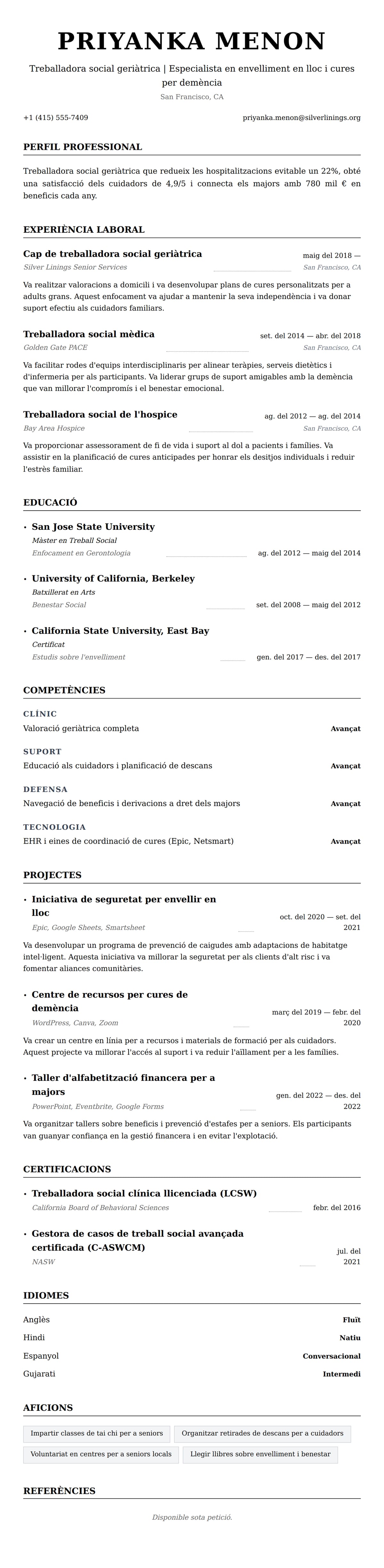 Previsualització del currículum per a Exemple de currículum de treballadora social geriàtrica