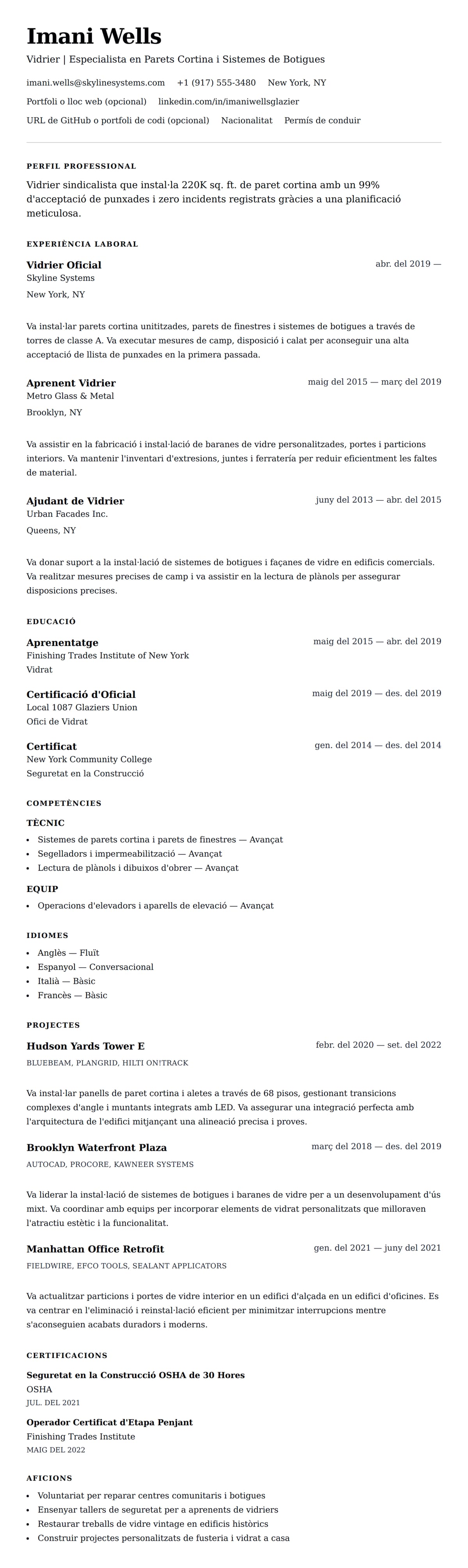 Previsualització del currículum per a Exemple de Currículum de Vidrier