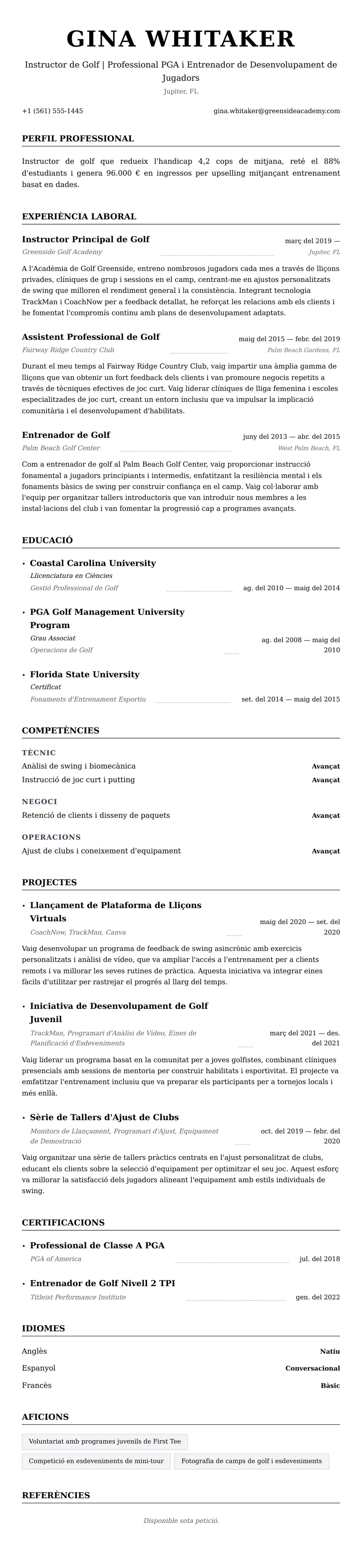 Previsualització del currículum per a Exemple de Currículum d'Instructor de Golf