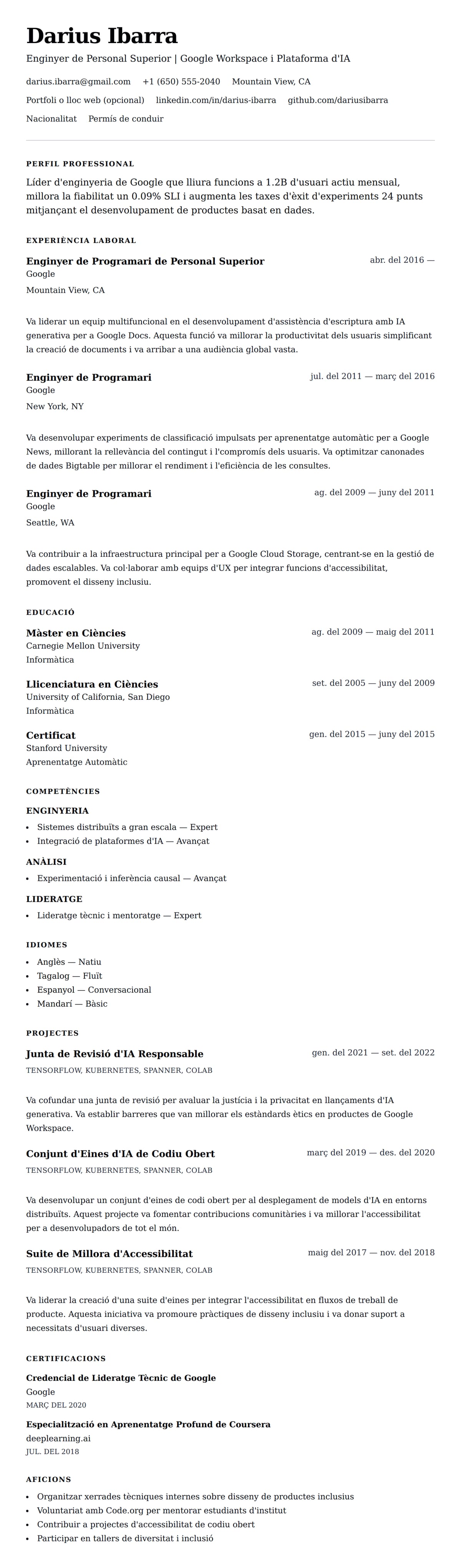 Previsualització del currículum per a Exemple de Currículum de Google