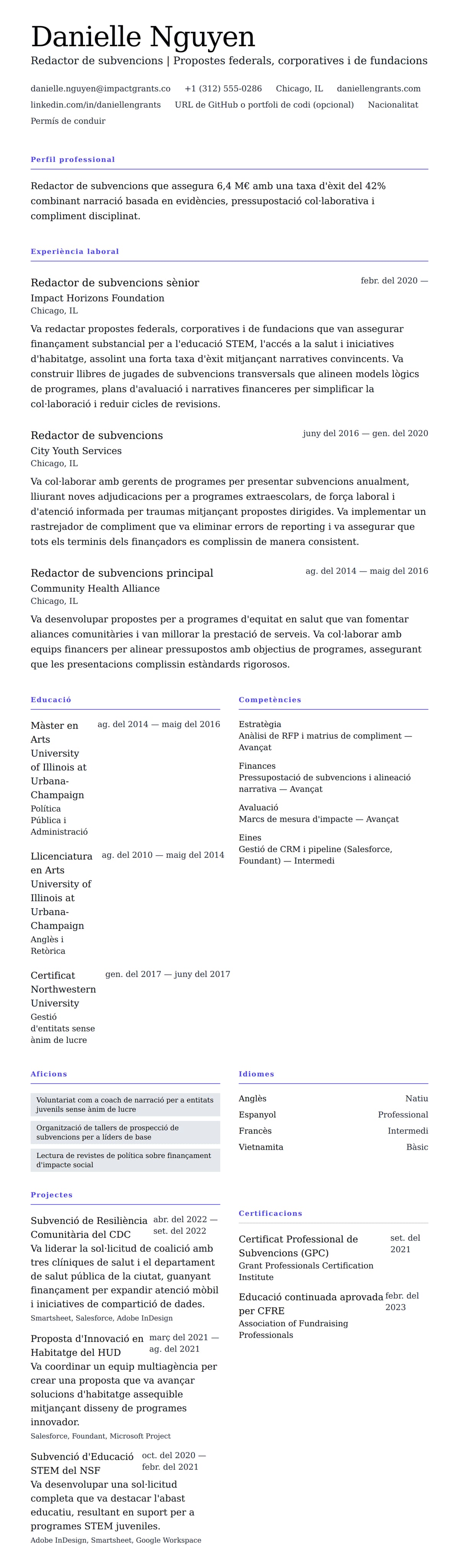 Previsualització del currículum per a Exemple de currículum de redactor de subvencions