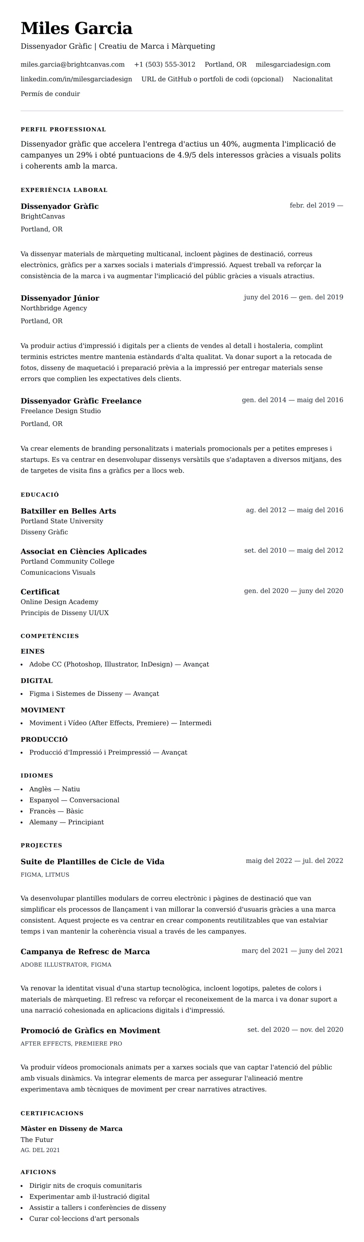 Previsualització del currículum per a Exemple de Currículum de Dissenyador Gràfic