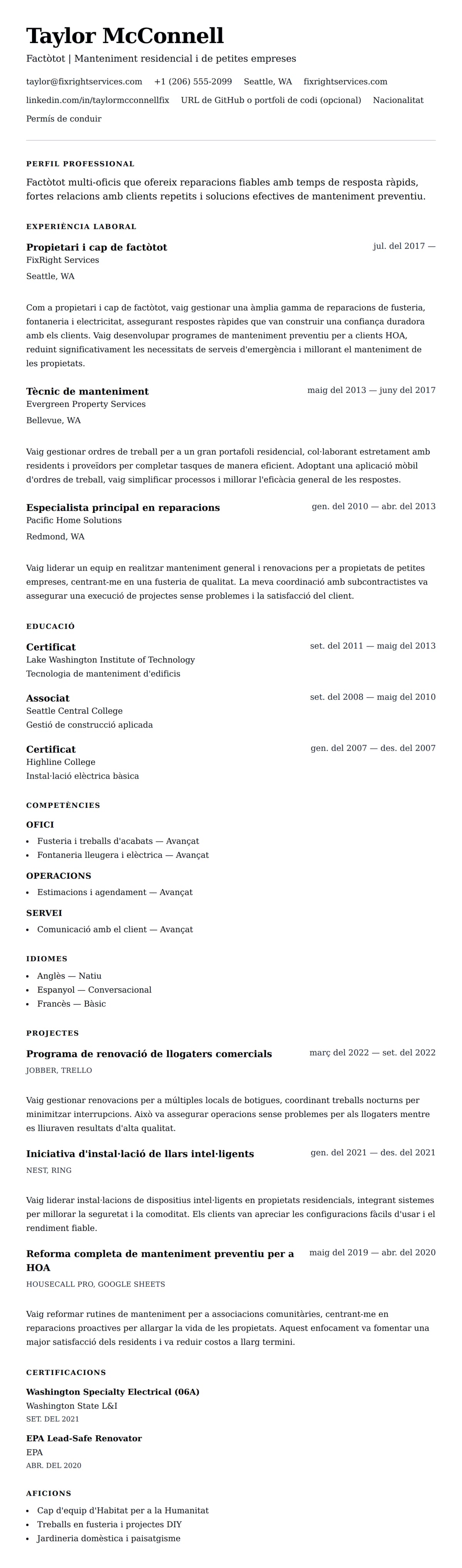 Previsualització del currículum per a Exemple de currículum de factòtot