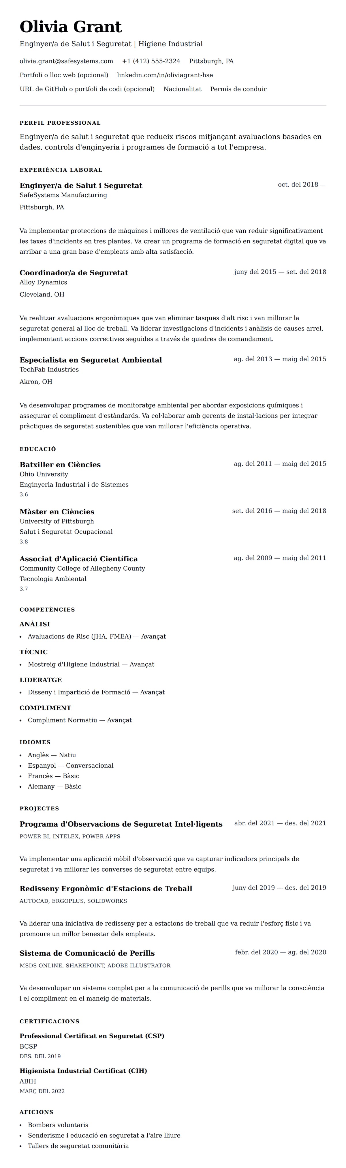 Previsualització del currículum per a Exemple de Currículum d'Enginyer/a de Salut i Seguretat