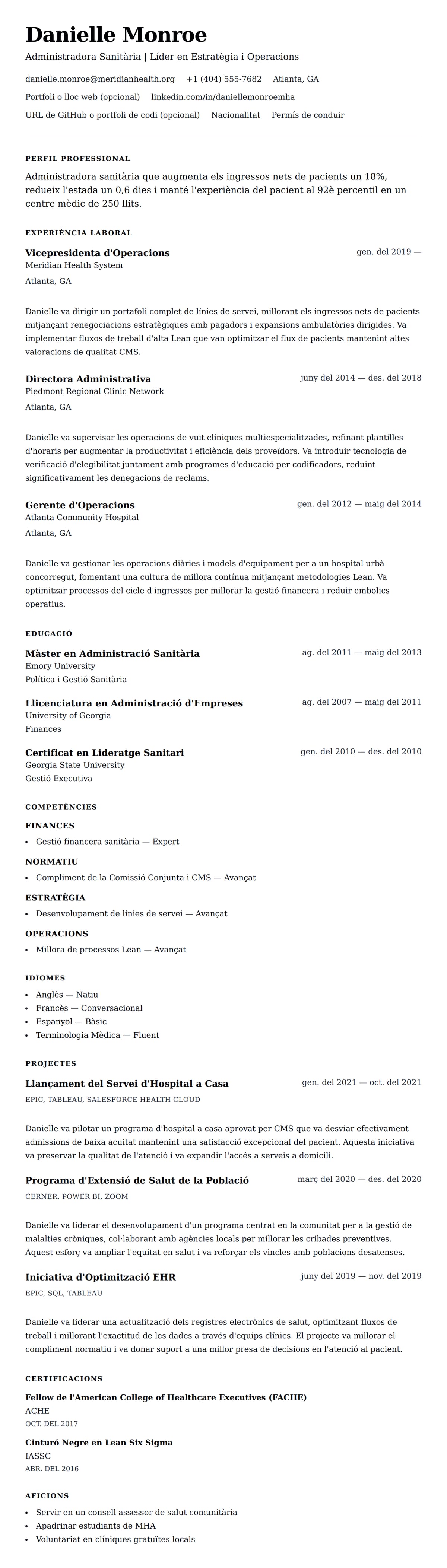 Previsualització del currículum per a Exemple de Currículum d'Administració de la Salut