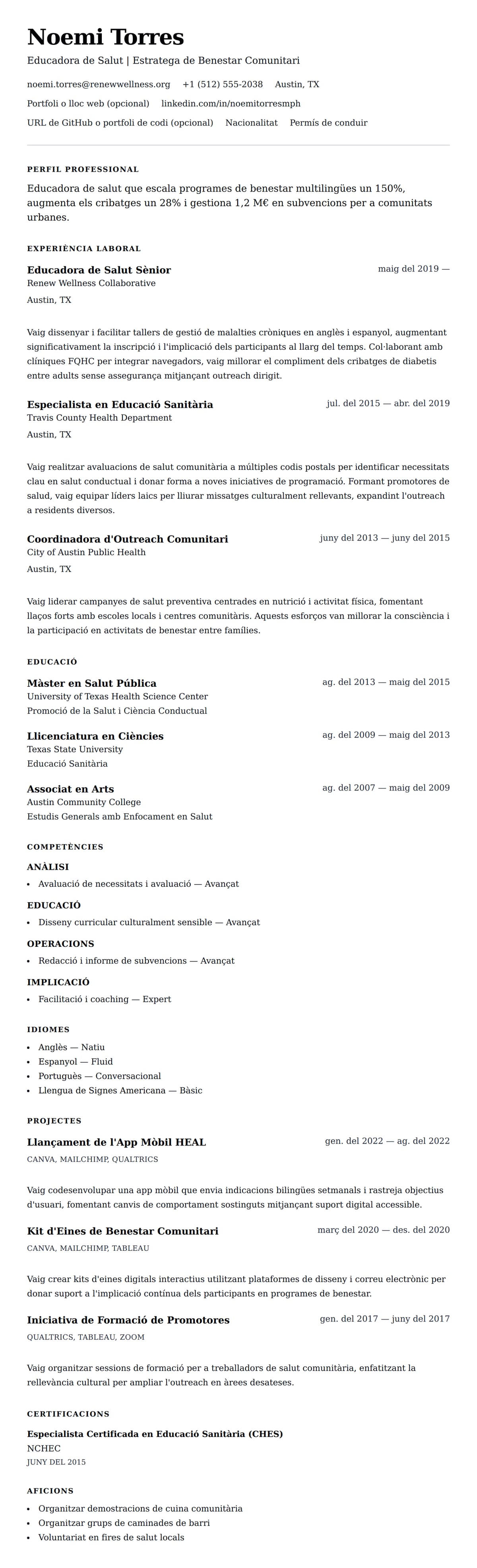 Previsualització del currículum per a Exemple de Currículum d'Educadora de Salut