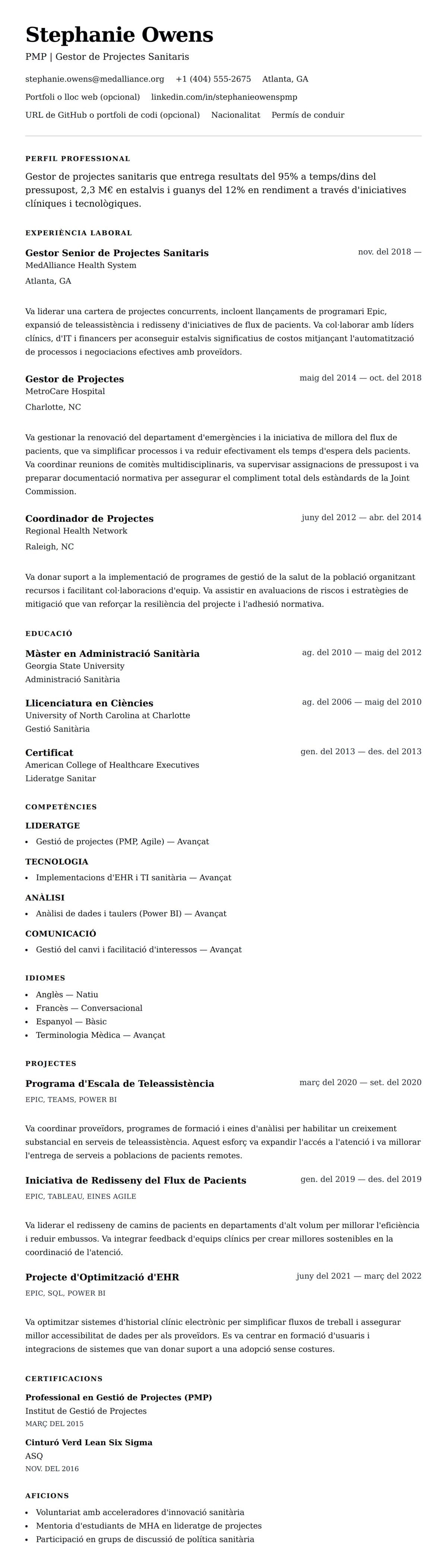 Previsualització del currículum per a Exemple de Currículum de Gestor de Projectes Sanitaris