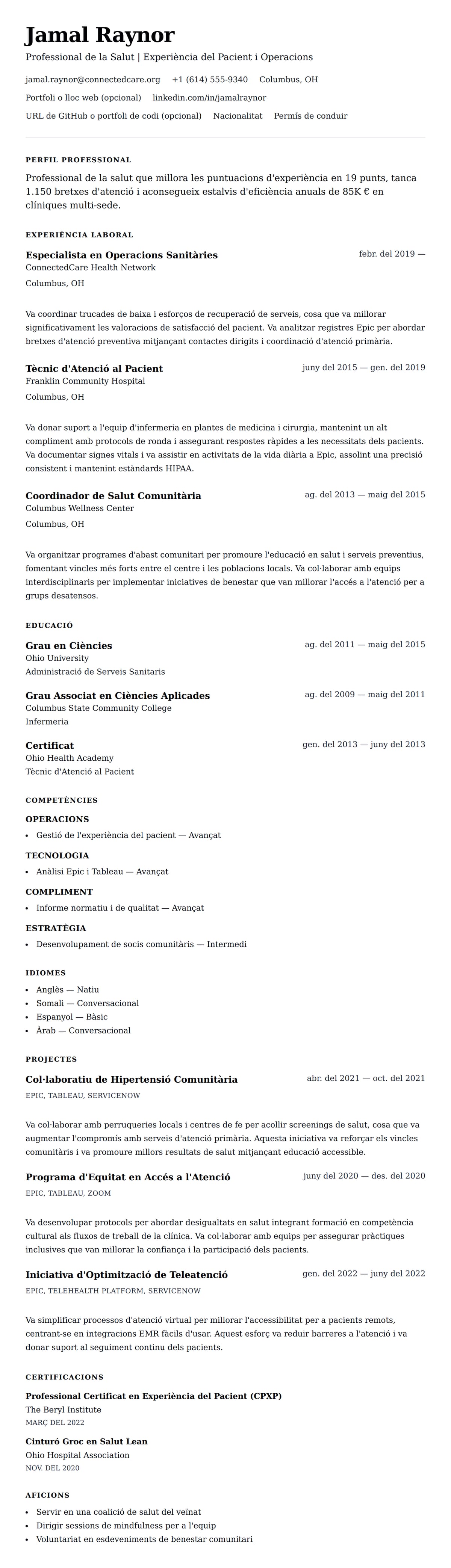 Previsualització del currículum per a Exemple de Currículum de Professional de la Salut